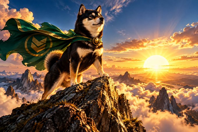 An AI-generated image of a Shiba Inu dog wearing a green cape standing majestically on a mountain peak at sunrise.