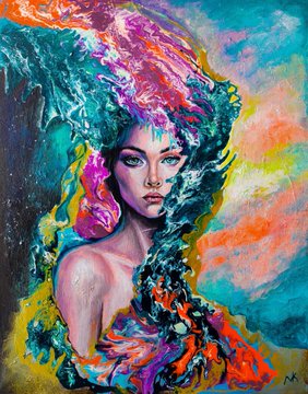 A colorful, textured painting of a woman's face and shoulders surrounded by swirling, vibrant waves of blue, green, pink, and orange paint.