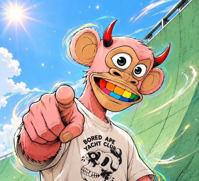 A vibrant anime-style illustration of a pink 'Bored Ape Yacht Club' character with red horns, rainbow teeth, and a skull t-shirt pointing at the viewer against a bright blue sky.