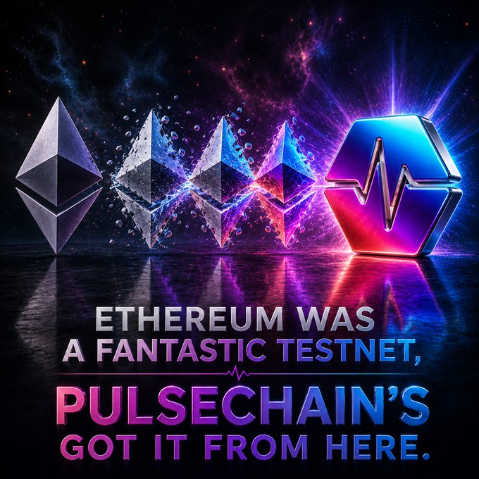A promotional graphic showing a progression from Ethereum logos to the PulseChain logo, with text 'ETHEREUM WAS A FANTASTIC TESTNET, PULSECHAIN'S GOT IT FROM HERE.'