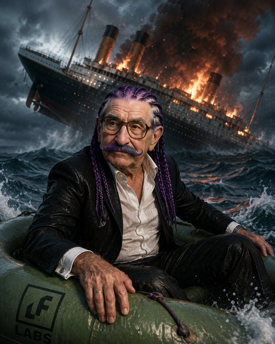 An elderly man with purple braided hair and a mustache sits in an inner tube floating on stormy seas, with the sinking Titanic engulfed in flames behind him; the inner tube displays the "LF LABS" logo, visually tying the dramatic survival scene to the post's rallying cry for the $LF community to unite for its upcoming anniversary.