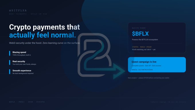 A dark-themed promotional page for '@BITFLXA' advertises 'Crypto payments that actually feel normal' with features like 'Blazing speed' and 'Real security', highlighting the $BFLX token with a Matt's Guide section.