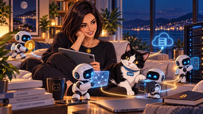 A digital illustration of a woman relaxing on a couch at night surrounded by small robots, a cat wearing a 'SOUP' collar tag, books titled 'AI AGENTS,' 'ONCHAIN ECONOMY,' and 'A BRIGHTER TOMORROW,' with Bitcoin and tech cloud icons.