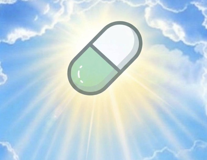 An illustration of a green and white capsule pill floating against a bright blue sky with sun rays radiating outward from behind it.