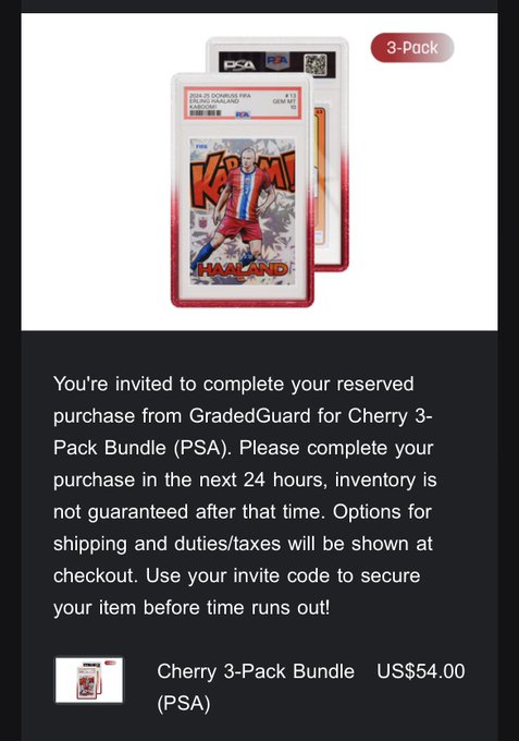 A promotional email or notification for a "Cherry 3-Pack Bundle (PSA)" trading card product from GradedGuard, featuring a Kylian Mbappé Haaland PSA-graded card with a price of US$54.00 and a 3-Pack label.