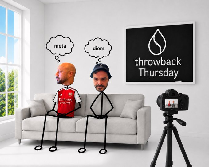 The image features two cartoon heads sitting on a couch with thought bubbles above them that read "meta" and "diet". The background of the image shows a white wall, a window, and a camera setup for filming or recording.