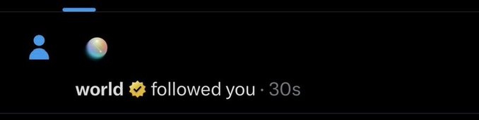 Instagram notification on a dark background showing that 'world' followed the user 30 seconds ago.