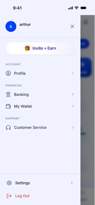 A side menu of an account profile for user "arthur" showing options like Invite + Earn, Profile, Banking, My Wallet, Customer Service, Settings, and Log Out. The image illustrates the mobile app mentioned in the post, showcasing the user interface where US users can manage their $MPP and $USDC crypto payments for real-world bills while earning rewards.