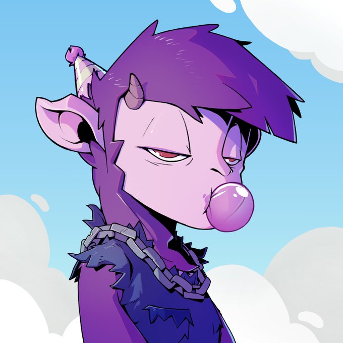 An illustration shows a purple demon-like character with horns, pointed ears, and a chain necklace blowing a pink bubblegum bubble.