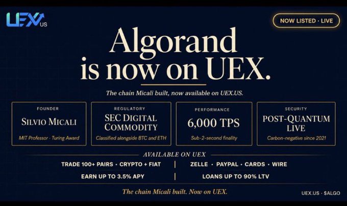 The image features a poster for Algorand that is now live on UEX.US. The poster includes text about the cryptocurrency, along with details about its features and benefits. It also highlights the platform's US-based nature and its focus on connecting various assets such as cryptocurrencies, fiat services, and real-world assets.