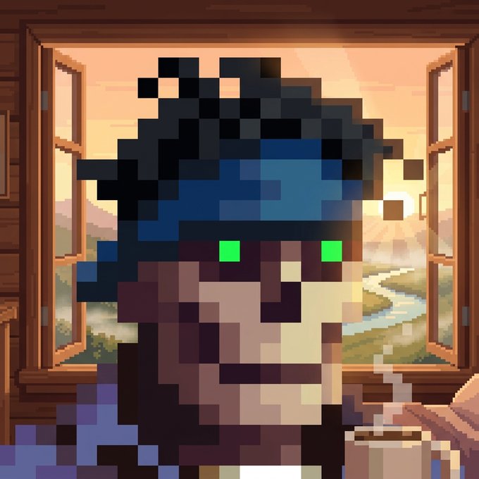 A pixel art character with green eyes and a red beanie sitting indoors with an open window revealing a sunset landscape.