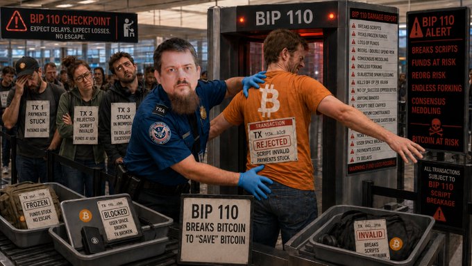 AI-generated satirical image depicting a TSA-style checkpoint labeled 'BIP 110' where transactions are being rejected as 'stuck,' 'invalid,' or 'frozen' to 'save' Bitcoin.