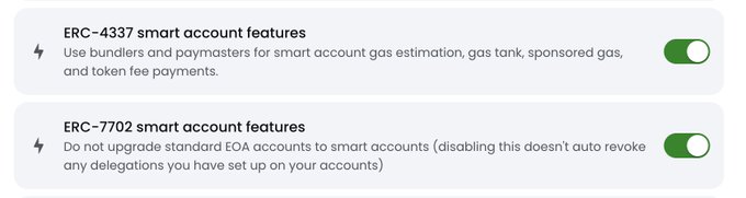 A screenshot showing two toggle settings labeled 'ERC-4337 smart account features' (enabled) and 'ERC-7702 smart account features' (enabled), with descriptions about gas estimation and account upgrades.