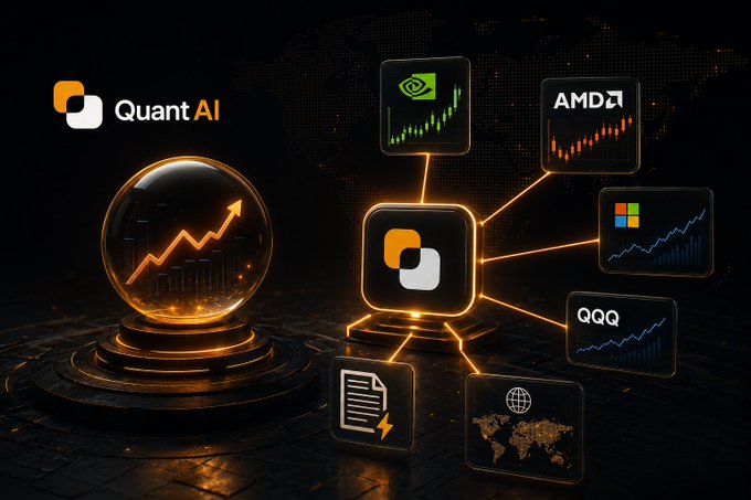 A digital graphic displaying the "Quant AI" logo alongside a glowing crystal ball with an upward trending arrow chart, connected to various icons representing NVIDIA, AMD, Microsoft, QQQ, documents, and a world map.