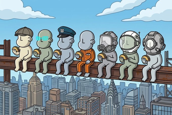 An illustration of seven evolution-themed characters sitting on a beam over a city skyline holding donuts, reminiscent of the classic "Lunch atop a Skyscraper" photo, depicting progression from a child to astronauts.