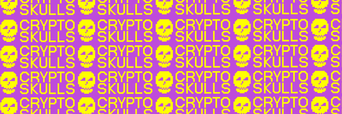 A repetitive graphic pattern featuring the yellow words 'CRYPTO SKULLS' and skull icons tiled across a bright pink background.