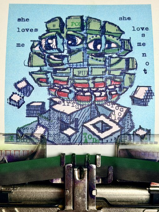 A typewriter sits in the foreground with a printed artwork featuring a surreal, multi-eyed green head above it, accompanied by the text "she loves me" and "she loves me not" flanking the figure. The piece, marked as a work-in-progress by @siriuscrocodile, blends mechanical typography with hand-drawn illustration in a whimsical, fragmented style.