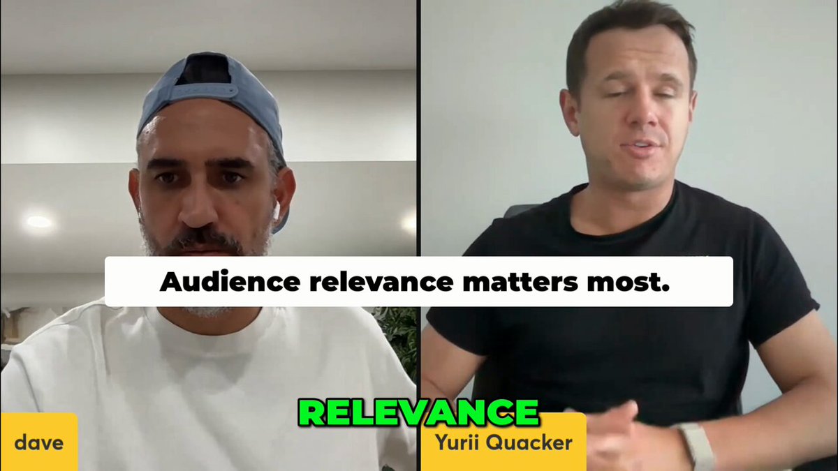 The image shows two men wearing baseball caps, one of whom has a beard. They are sitting next to each other with their hands resting on their laps. The background appears to be a white wall or a gray wall, depending on the lighting conditions. There is also text in the image that reads "Audience relevance matters most. Relevance matters most." and "Yuri Quacker".