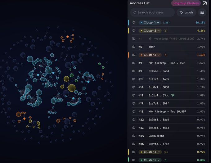 A blockchain analytics dashboard displaying an address cluster visualization with bubbles and a cluster list, showing top addresses including HyperSwap, omar, and MON Airdrop wallets with their respective percentages.