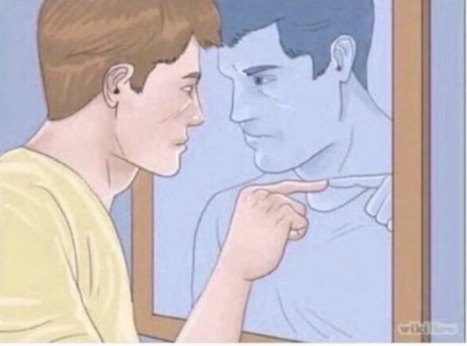 An illustration of a young man pointing at his reflection in a mirror, which appears as a stern, judgmental older version of himself.