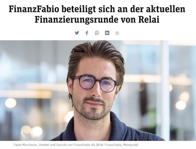 A news article header reads 'FinanzFabio beteiligt sich an der aktuellen Finanzierungsrunde von Relai' above a portrait of a man with glasses identified as 'Fabio Marchesin, Inhaber und Gesicht von FinanzFabio AG'.