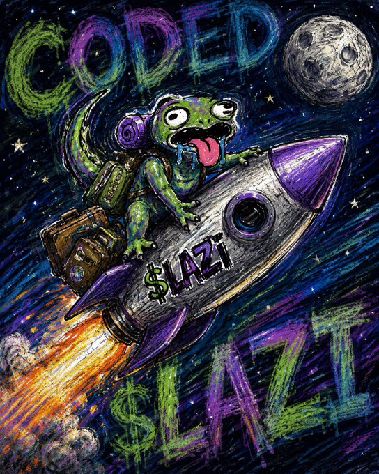 A colorful crayon-style drawing of a green frog riding a rocket through outer space, with the words "CODED" and "$LAZI" written in crayon, alongside a detailed moon.