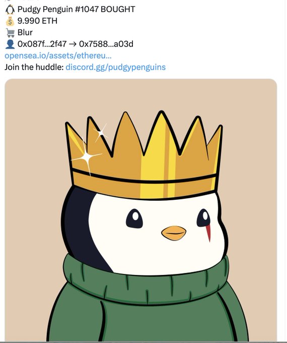 Screenshot of a Pudgy Penguin NFT (#1047) purchase notification for 9.990 ETH, showing the penguin wearing a golden crown and green sweater.