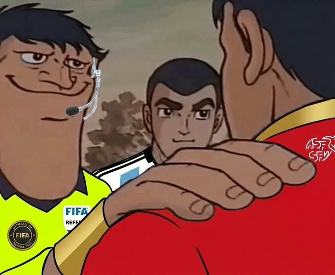 An animated illustration showing a FIFA referee with a headset smiling on the left, while a player in red extends an arm toward him, with another player visible in the background.