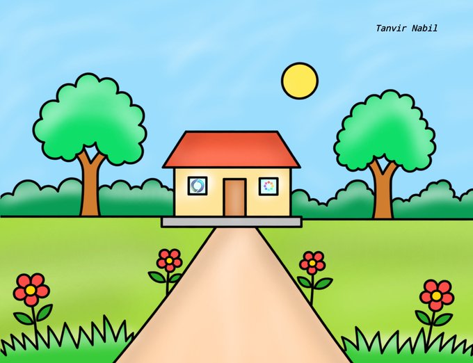 A cartoon illustration of a small house with a red roof and two windows, set between two green trees under a sun, with a path leading to the front door and red flowers in the foreground. The text 'Tanvir Nabil' appears in the top right.