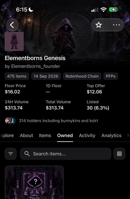 The image shows a screenshot from an NFT collection called "Elementborns Genesis" by Elementborns_founder, displaying 475 items on the Robinhood Chain with a floor price of $16.02, a top offer of $12.06, and 314 holders. This directly relates to the post by showcasing the $16 floor price mentioned, confirming the value of the newly minted free Elementborns NFT.