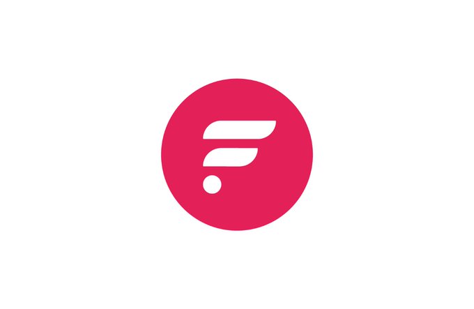 A simple logo featuring a stylized white 'F' or abstract symbol inside a solid red circle on a light gray background.