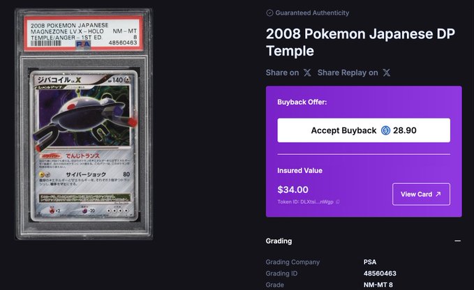 A product listing for a graded 2008 Pokemon Japanese DP Temple card featuring Magnezone LvX (PSA Grade NM-MT 8), showing a PSA-graded card in a protective slab with an insured value of $34.00 and a buyback offer of 28.90.