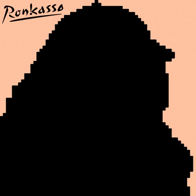 A pixelated black silhouette of a person in a hoodie against a peach background with the handwritten text 'Ronkasso' in the top left corner.