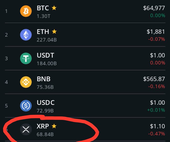 A cryptocurrency ranking list showing BTC at $64,977, ETH at $1,881, USDT, BNB at $565.87, USDC, and XRP (circled in red) at $1.10 with -0.47% change.