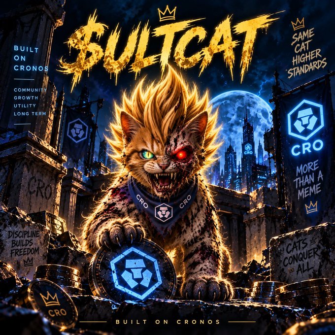 A promotional graphic titled '$ULTCAT' for a cryptocurrency project 'Built on Cronos,' featuring an illustrated flame-haired cat holding a CRO coin against a dark, futuristic cityscape backdrop with slogans like 'Same Cat Higher Standards,' 'More Than a Meme,' and 'Cats Conquer All.'