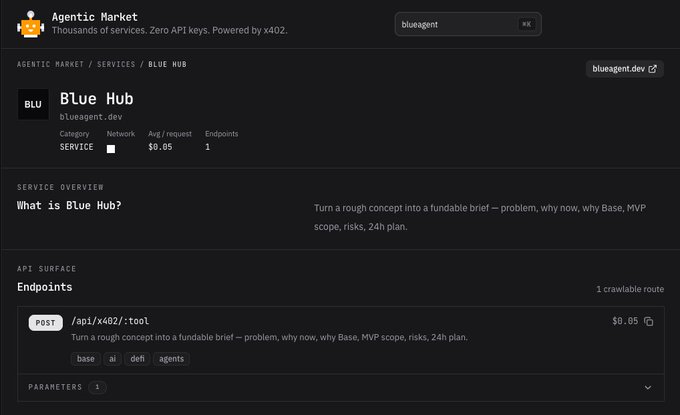 The image shows a screenshot of two computer screens side by side, with one screen being from an agentic(.)market application and displaying information about Blue Hub, while the other screen is from another source providing details related to Base builders and payment systems via x402 technologies. The juxtaposition of these different sources highlights the diverse range of topics covered in this platform.