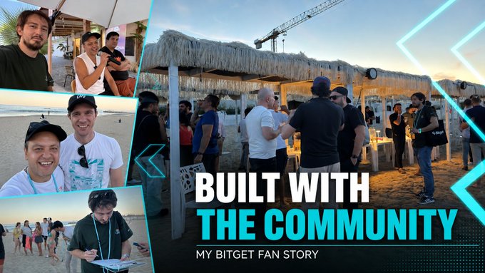 A promotional collage titled "Built With The Community" showing photos of people networking at an outdoor beachside event, labeled "My Bitget Fan Story."
