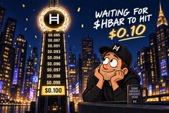 A cartoon character with glasses sits at a desk looking at a board displaying various HBAR price points under the text "WAITING FOR $HBAR TO HIT $0.10" against a nighttime city skyline backdrop.