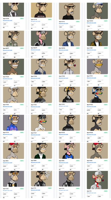 A grid displaying 28 NFT profile pictures of cartoonish ape-like characters with various accessories, sunglasses, and outfits.