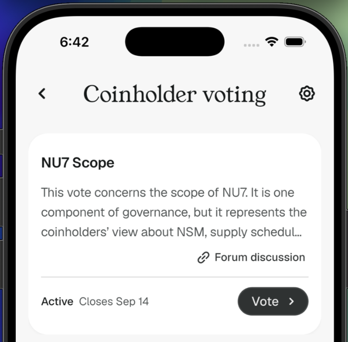 A smartphone screen showing a 'Coinholder voting' interface for 'NU7 Scope' with an active vote closing Sep 14 and a 'Vote' button.