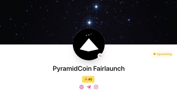 The image displays a Pinksale promotional banner for "PyramidCoin Fairlaunch" set against a starry night sky background, featuring a black circular logo with a white pyramid design. The banner includes an "Upcoming" tag, a "#5" ranking badge, and social media icons, aligning with the announcement of PyramidCoin joining the Pinksale platform for their fairlaunch.