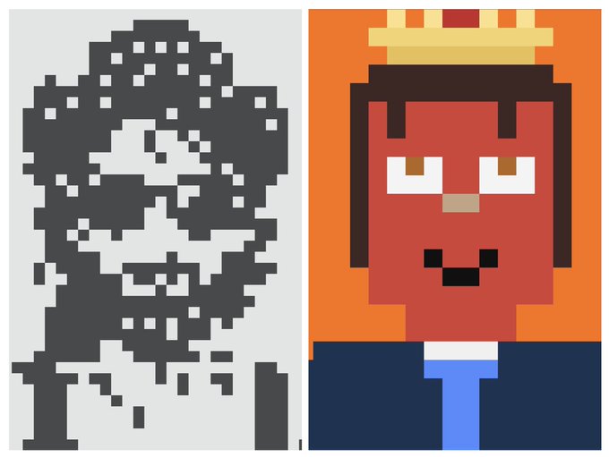 A side-by-side image showing a black and white pixelated portrait of a character next to a colorful pixel art depiction of a king-like figure wearing a crown on an orange background.
