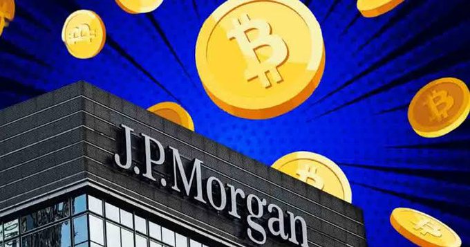 A building bearing the J.P. Morgan logo is set against a stylized blue background filled with floating Bitcoin coins.