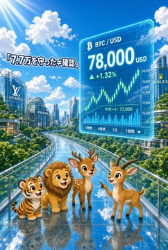 A whimsical illustration of cute baby animals (tiger, lion, deer) on a reflective surface with a BTC/USD chart showing 78,000 USD (+1.32%) and Japanese text.