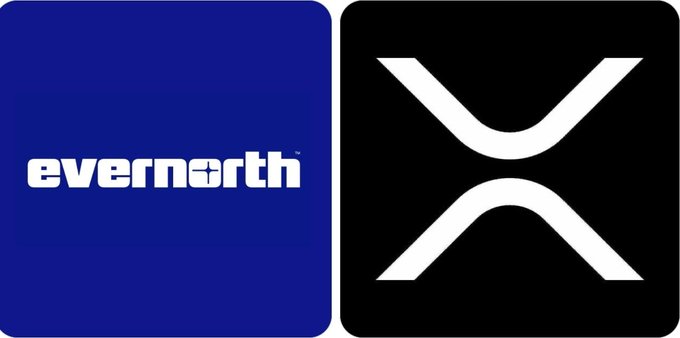 The image displays two side-by-side logos: the blue Evernorth wordmark on the left and the white XRP symbol on a black background on the right. Together, these logos visually represent the newly approved Nasdaq listing of Evernorth as an XRP treasury company under the ticker XRPN.