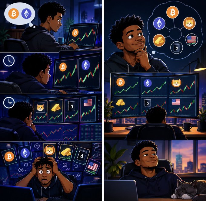 Cartoon comic strip panels depicting a young man monitoring Bitcoin, Ethereum, gold, oil, and Shiba Inu on trading screens, ending with him looking stressed as the assets show price fluctuations.
