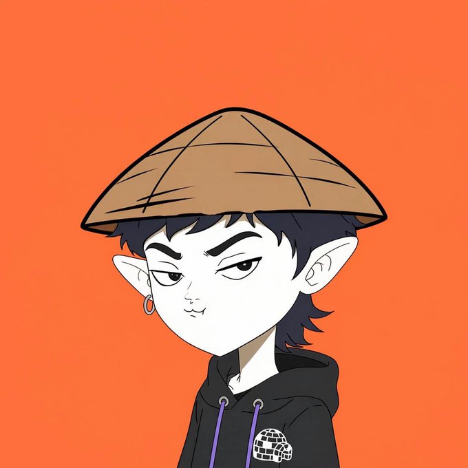 A cartoon avatar of a pale character with pointed ears, black hair, a conical hat, and a black hoodie with a globe design on an orange background.