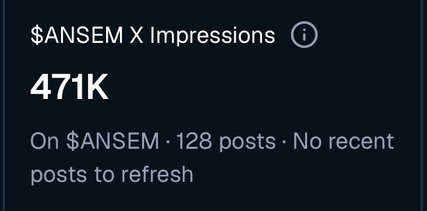 The image displays "$ANSEM X Impressions" with a total of "471K" impressions on "$ANSEM" from "128 posts." This aligns with the accompanying post's call to action for users to share their "$ANSEM" impressions to qualify for an airdrop.