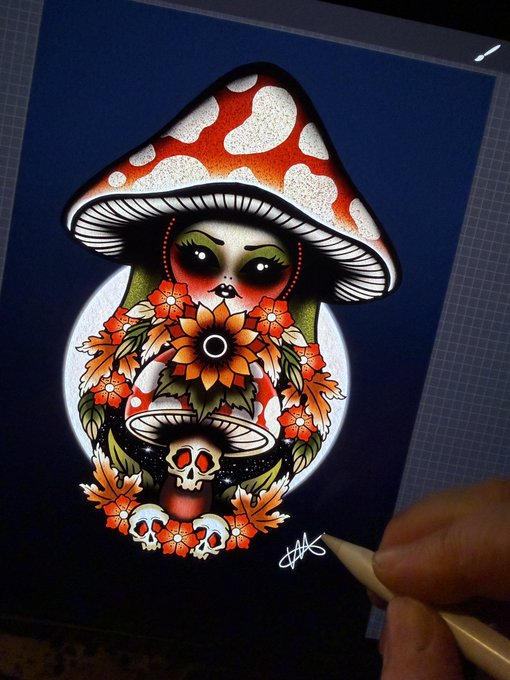 A vibrant illustration of a mushroom character with large black eyes surrounded by flowers and small skulls, signed by the artist.