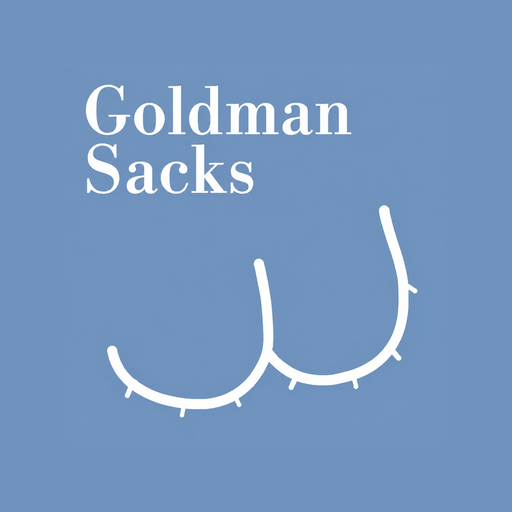 A blue graphic with white text reading "Goldman Sacks" above a white line drawing of eyelashes.
